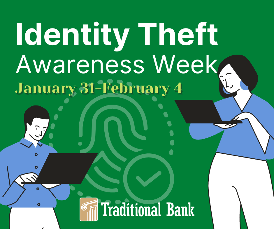 Graphical illustration of male and female image using laptop with title Identity Awareness Week Jan 1 - 31