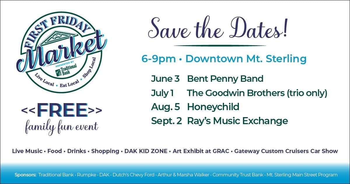 Save the date postcard for the First Friday Market series in Mt. Sterling.