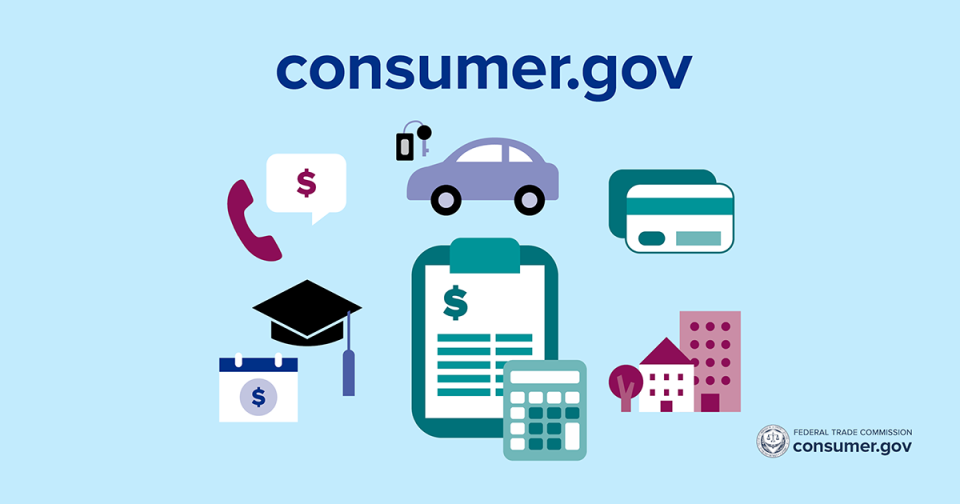 consumer.gov with car, phone, clipboard, calculator, credit cards, house