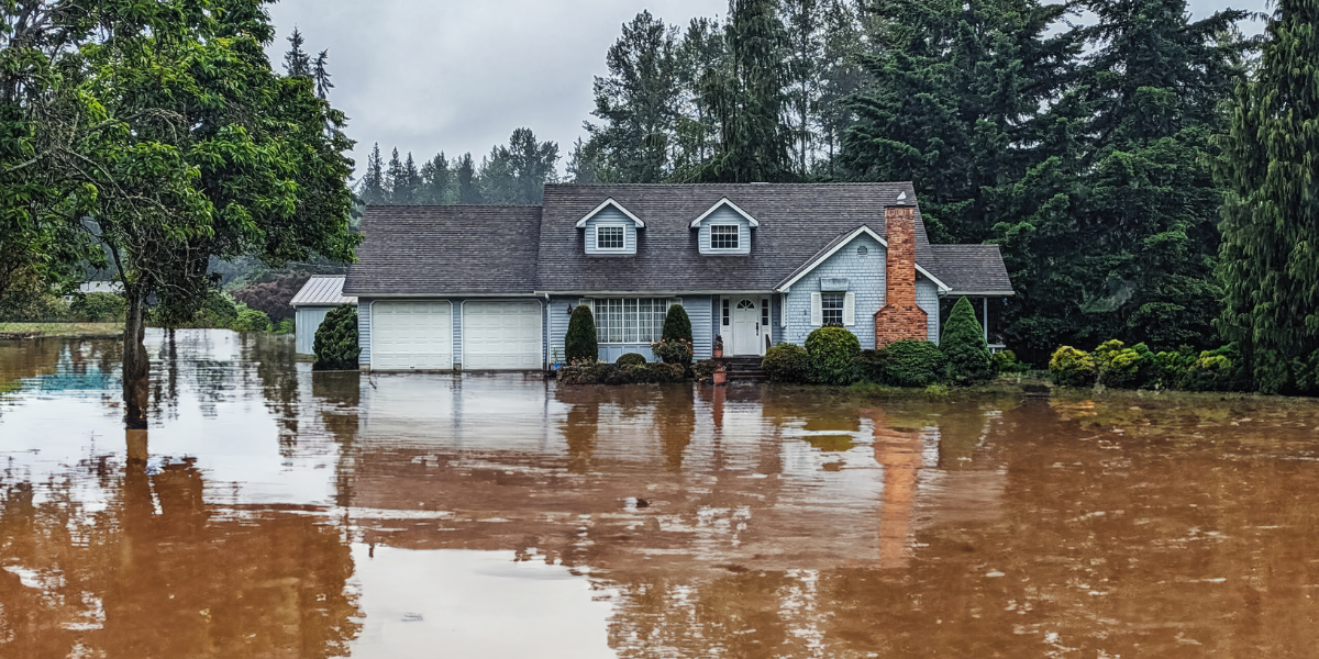 blue house sitting in flooded area