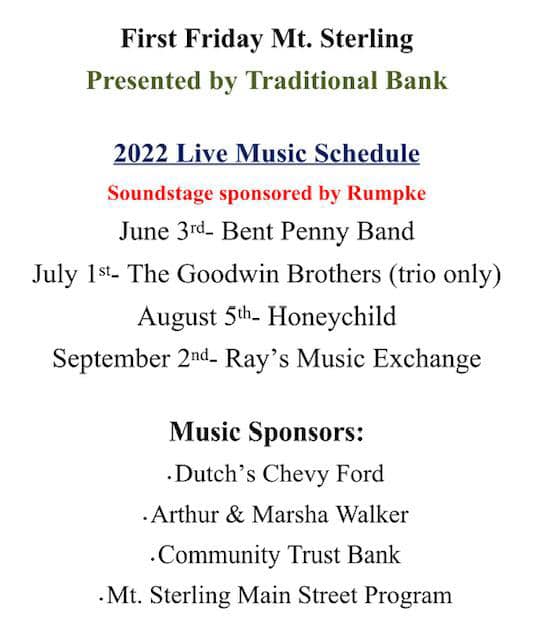 Listing of bands and sponsors for the 2022 First Friday Market in Mt. Sterling