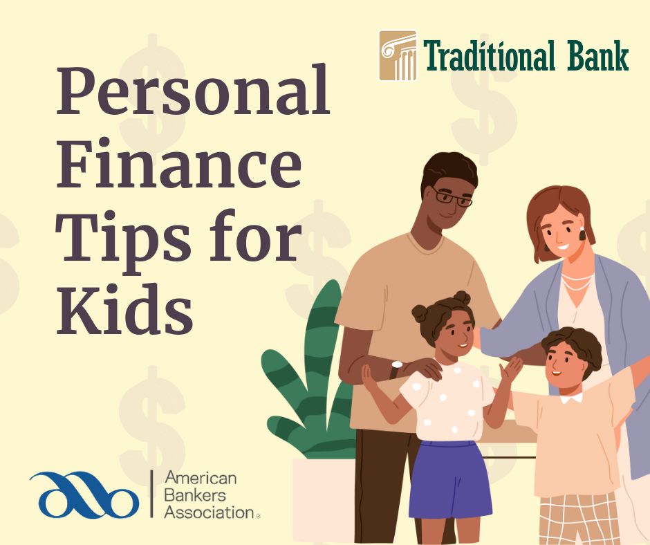 Family with personal finance tips for kids and traditional bank logo