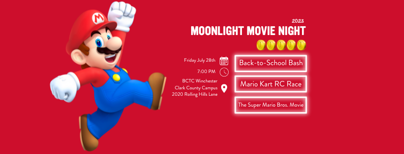 Moonlight Movie Night promo with back to school bash, mario race, and mario movie