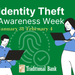Graphical illustration of male and female image using laptop with title Identity Awareness Week Jan 1 - 31