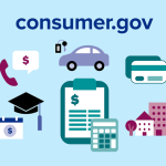 consumer.gov with car, phone, clipboard, calculator, credit cards, house