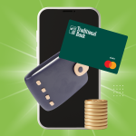 phone with wallet in front of it, coins stacked, traditional bank card on green background
